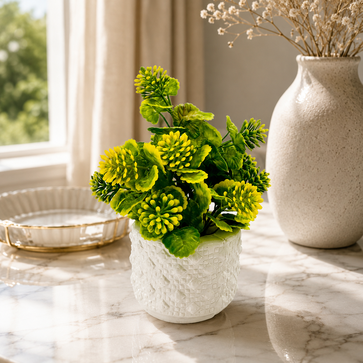Artificial Flower Plant in White Textured Pot | Decorative Faux Floral Arrangement