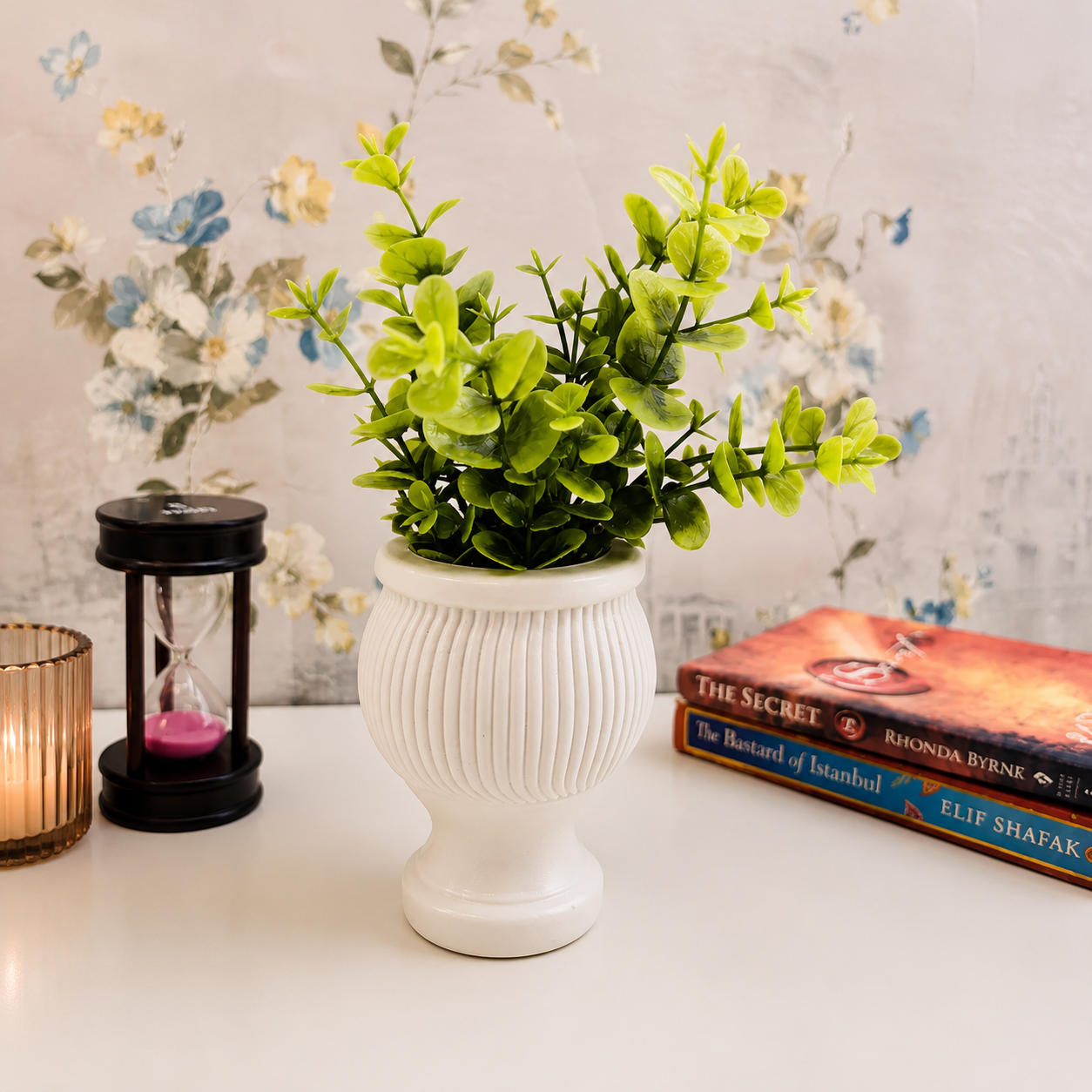 Artificial Green Plant in White Ribbed Vase | Decorative Faux Indoor Plant