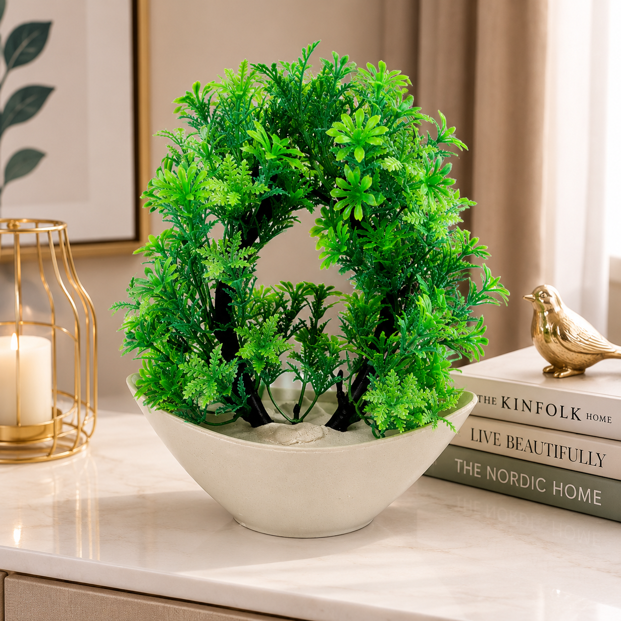 Artificial Bonsai Ring Plant in Ceramic Bowl | Modern Tabletop Home Decor