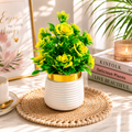 Artificial Green Flower Plant in White Pot | Decorative Tabletop Faux Plant