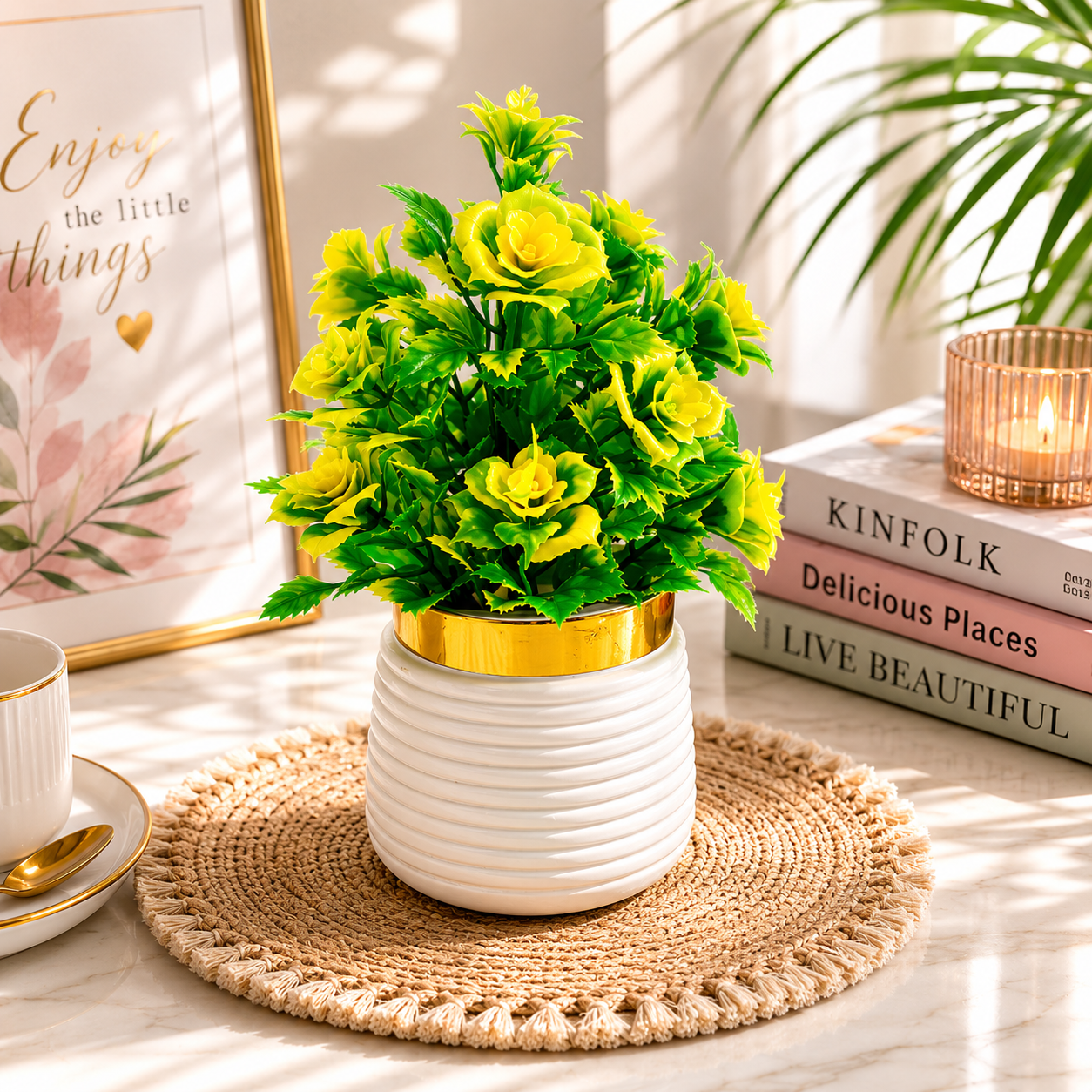 Artificial Green Flower Plant in White Pot | Decorative Tabletop Faux Plant