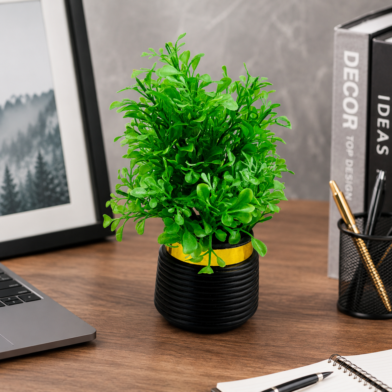 Artificial Green Desk Plant in Black Pot | Modern Tabletop Home Decor
