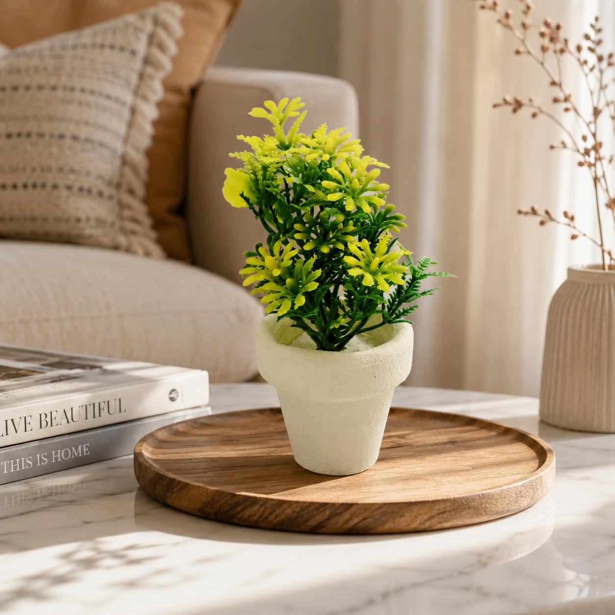 Mini Artificial Green Plant in White Pot | Decorative Tabletop Faux Plant