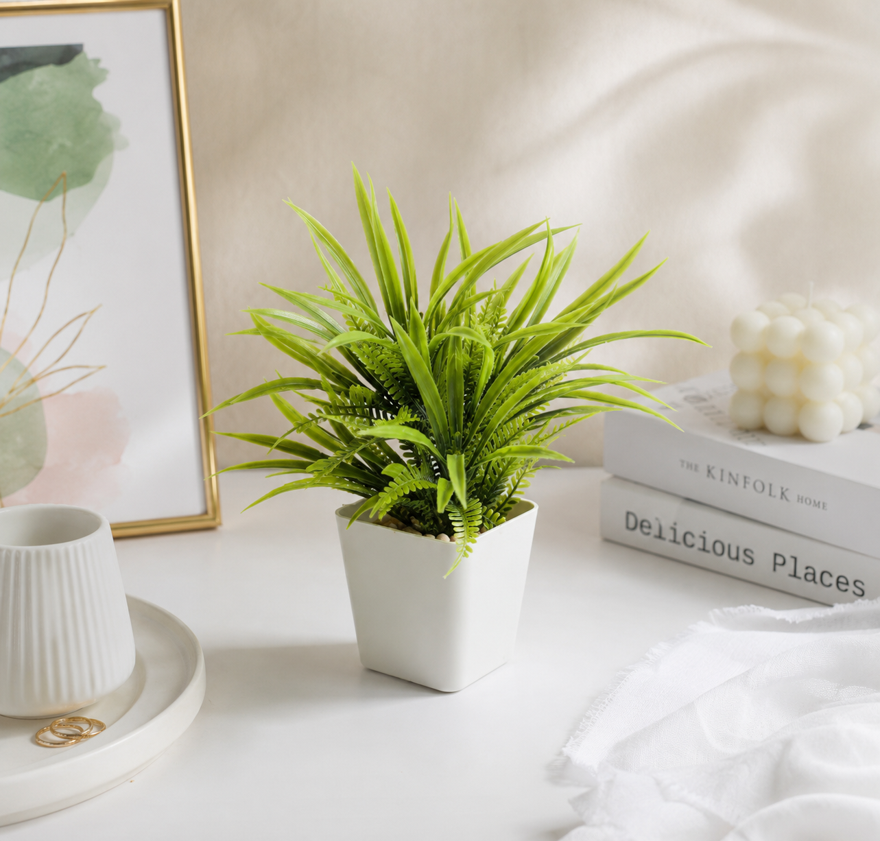 Artificial Green Desk Plant in White Pot | Small Decorative Tabletop Plant
