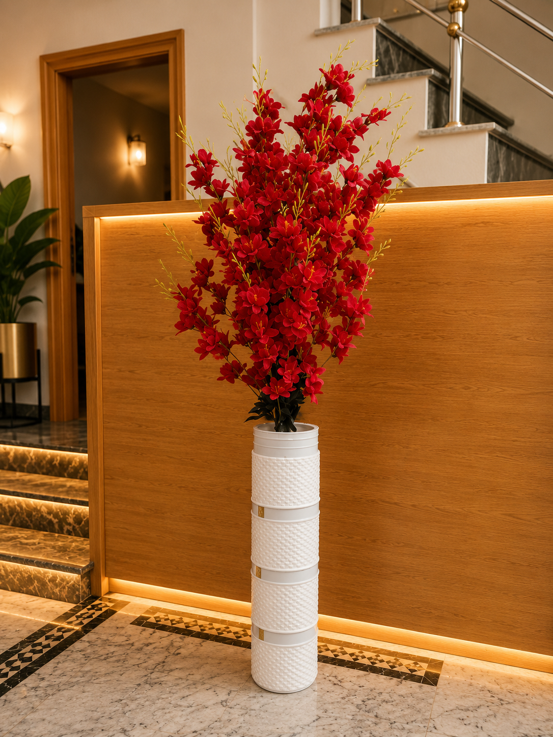 Artificial Red Flower Plant with Tall Decorative Vase | Faux Floral Floor Plant for Home & Office Décor CH 0101