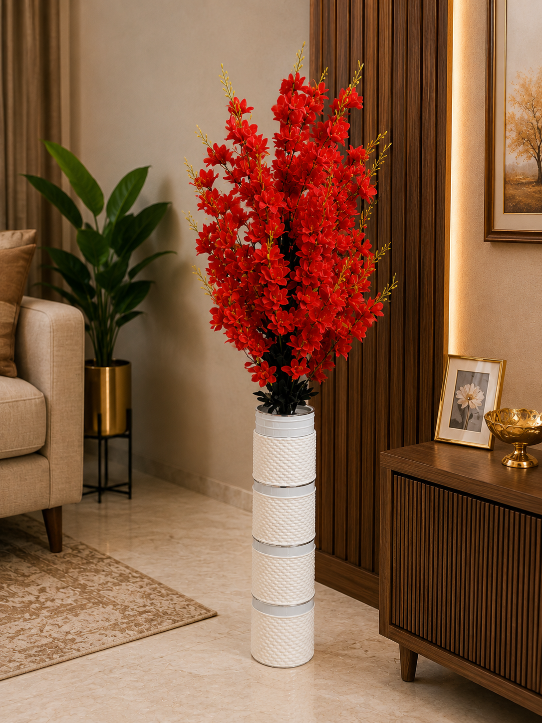 Artificial Red Flower Plant with Tall Decorative Vase | Faux Floral Floor Plant for Home & Office Décor CH 0101