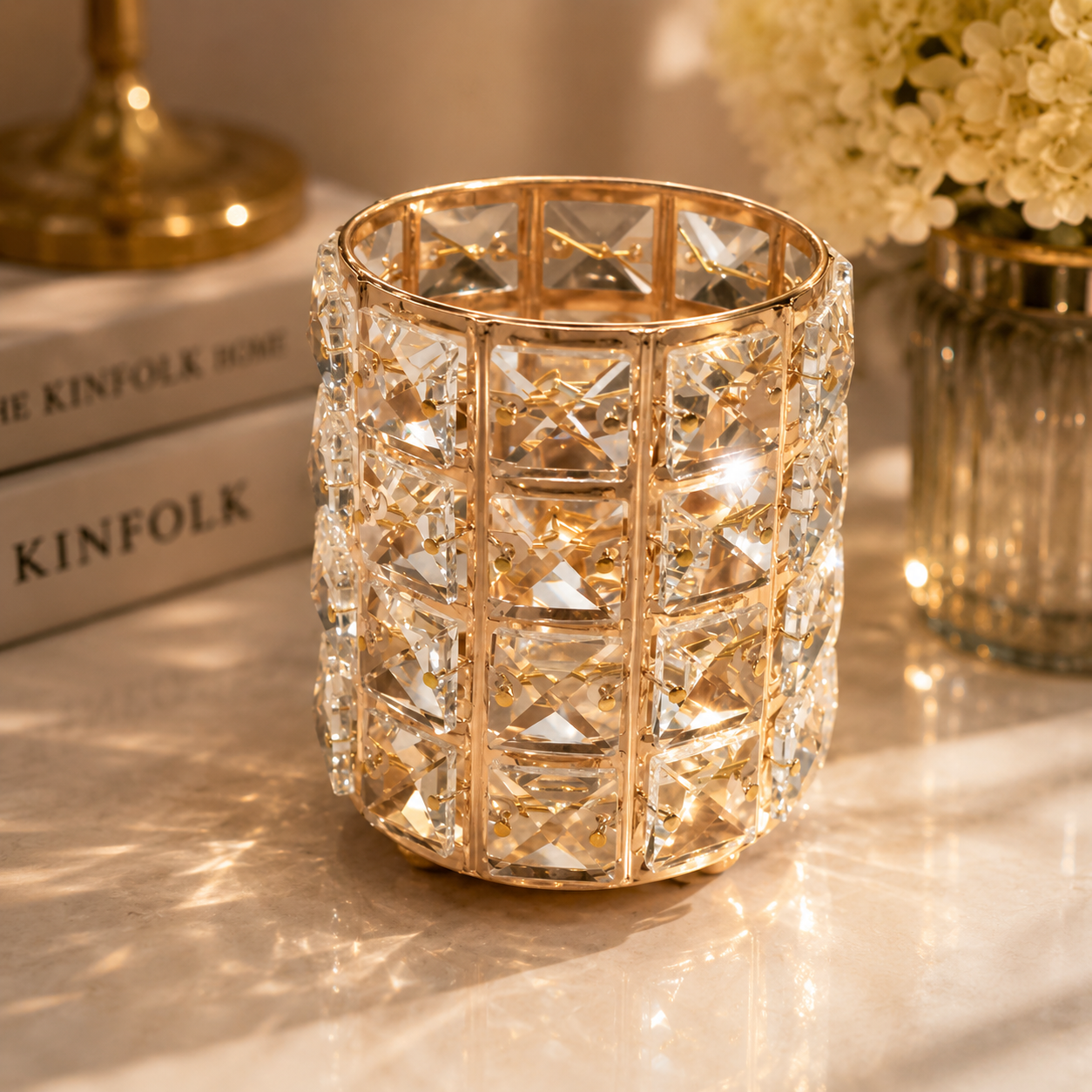 Luxury Crystal Pencil Holder – Gold Metal Desk Organizer for Office & Home