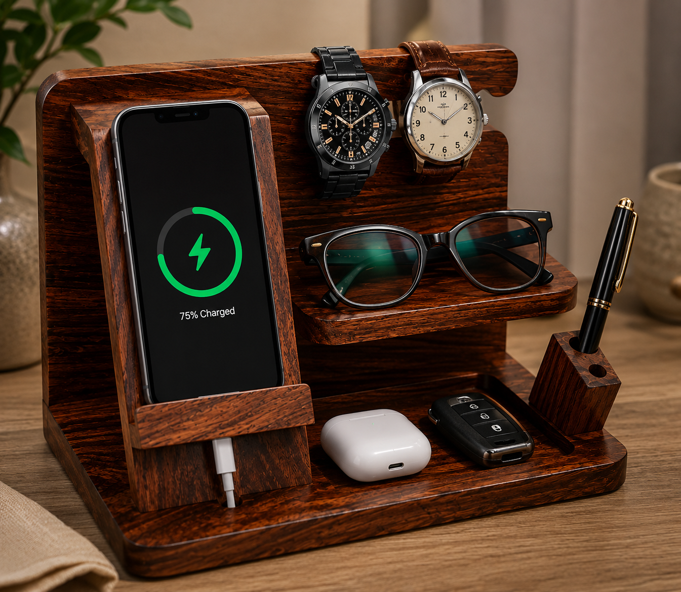 Handcrafted Sheesham Wood Desk Organizer | Phone Dock, Watch Stand & Key Holder