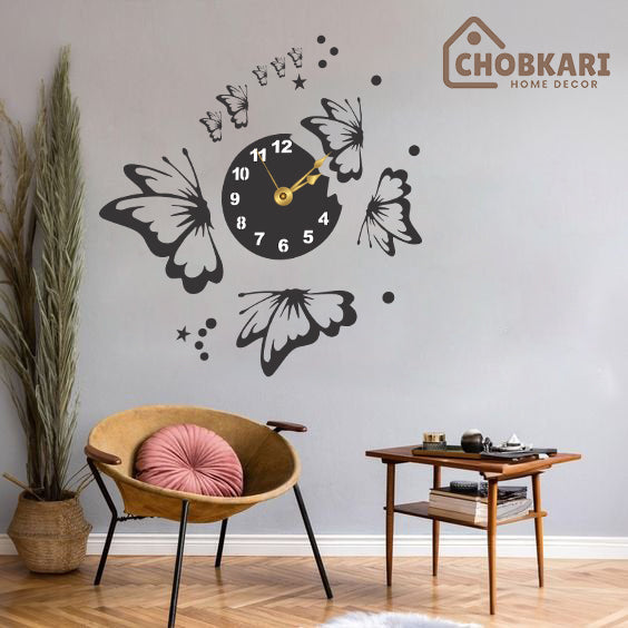 Butterflies with Round Wall Clock – Modern Butterfly Wall Art Decor