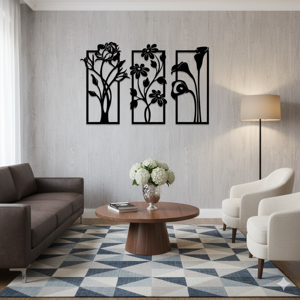 Modern Floral Wall Art Panels – 3 Piece Flower Wall Decor for Living Room