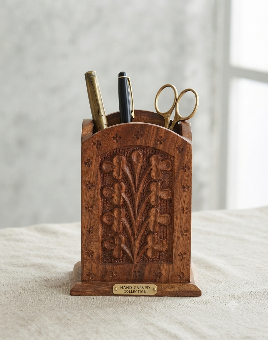 Hand-Carved Wooden Pen Holder & Desk Organizer – Multipurpose Office Stationery Storage Stand