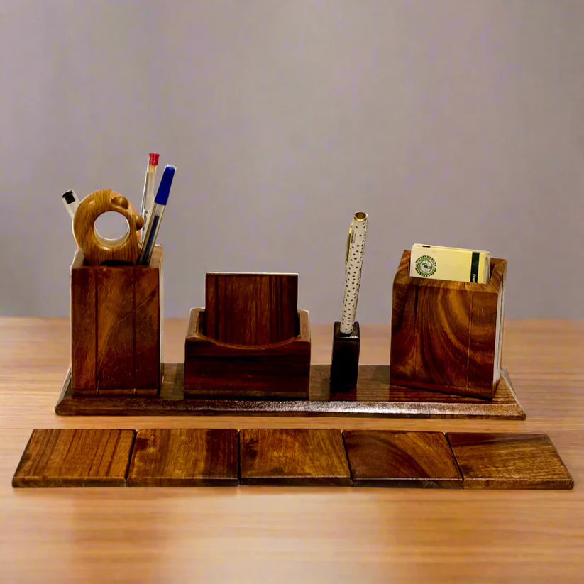 Handcrafted Wooden Desk Organizer Set with Coasters | Premium Office & Study Table Organizer