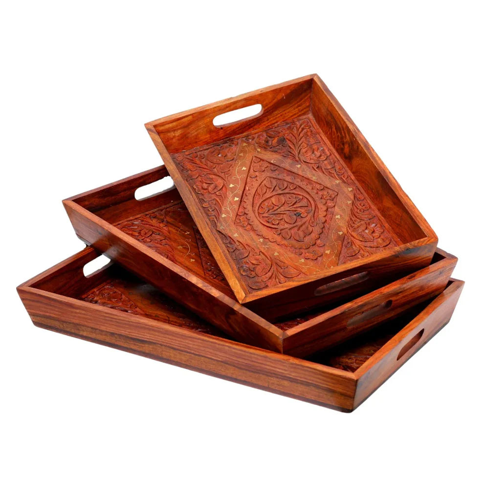 Handcrafted Wooden Serving Tray Set | Premium Decorative Tea & Breakfast Trays (Set of 3)