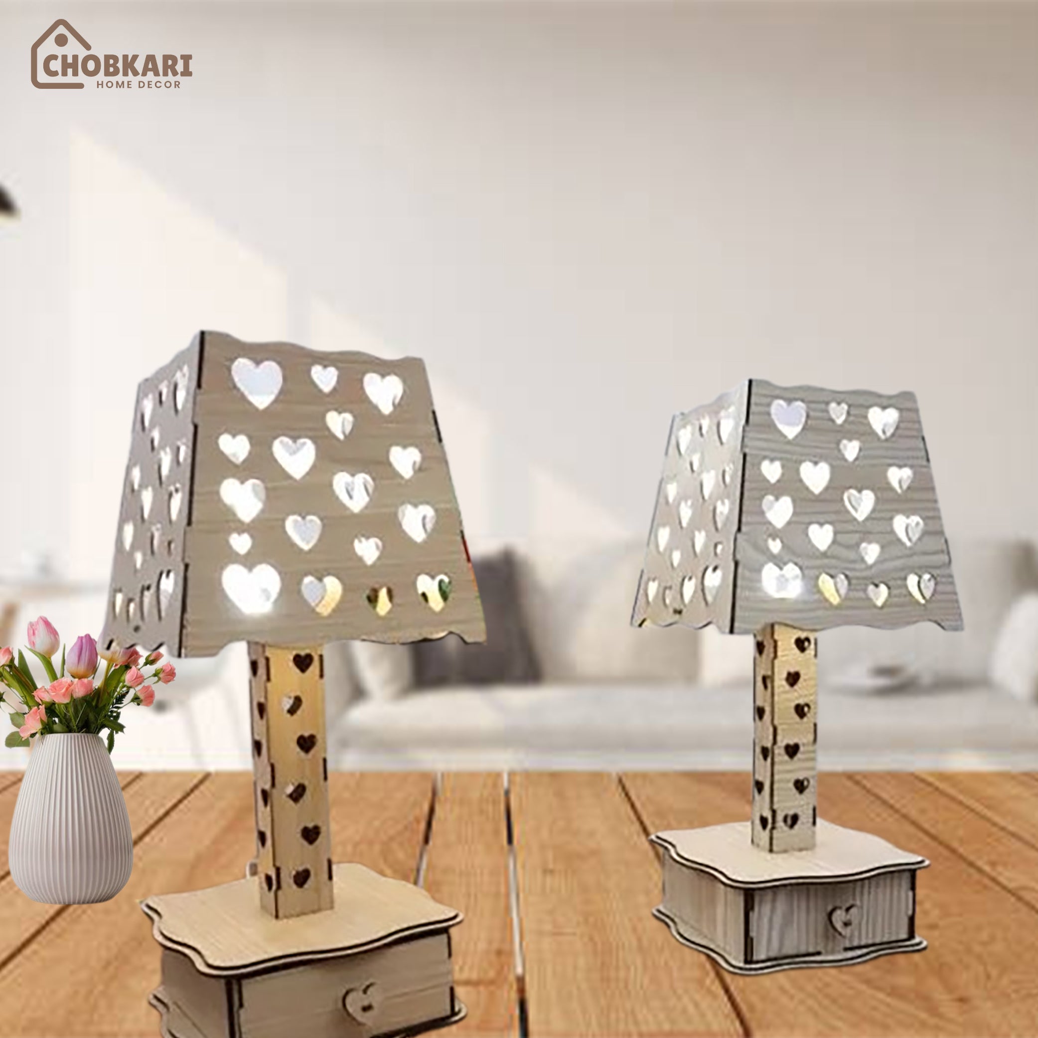 Heart Pattern Wooden Table Lamp – Romantic Laser Cut Bedside Lamp