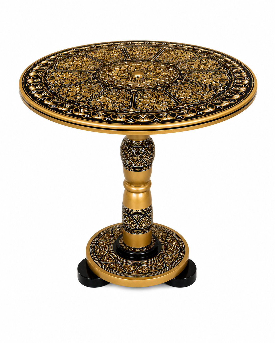 Hand-Painted Black & Gold Naqashi Wooden Coffee Side Table with Decorative Jar Set | Luxury Home Décor