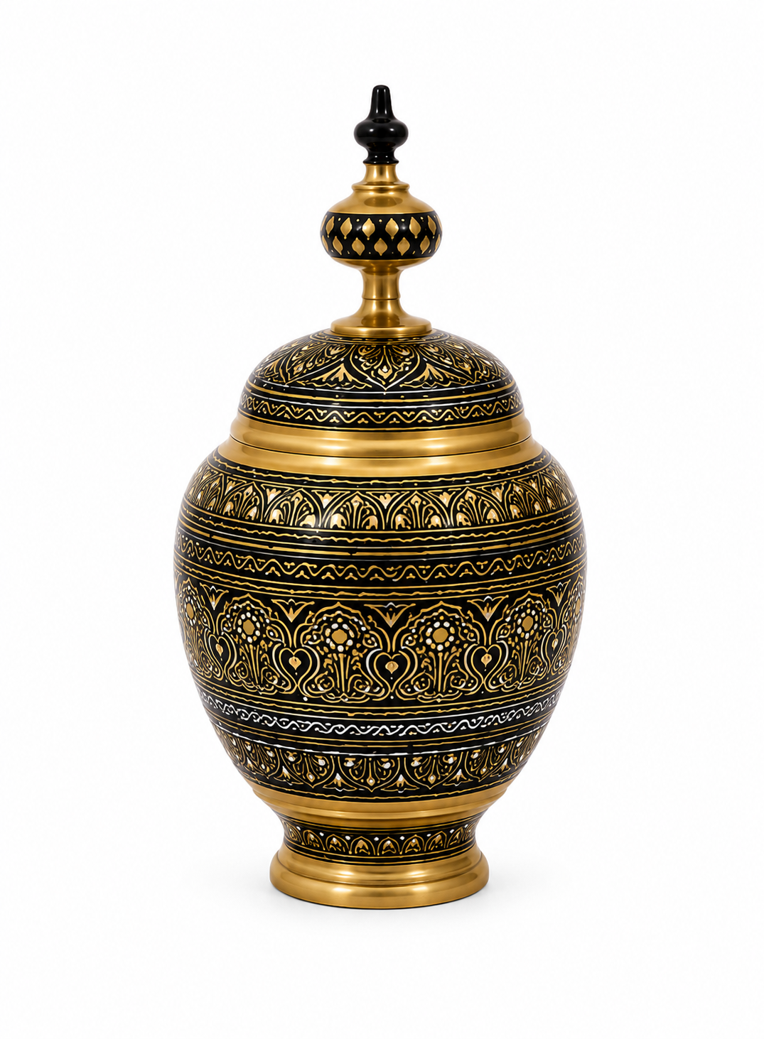 Hand-Painted Black & Gold Naqashi Wooden Coffee Side Table with Decorative Lidded Vase | Luxury Home Décor