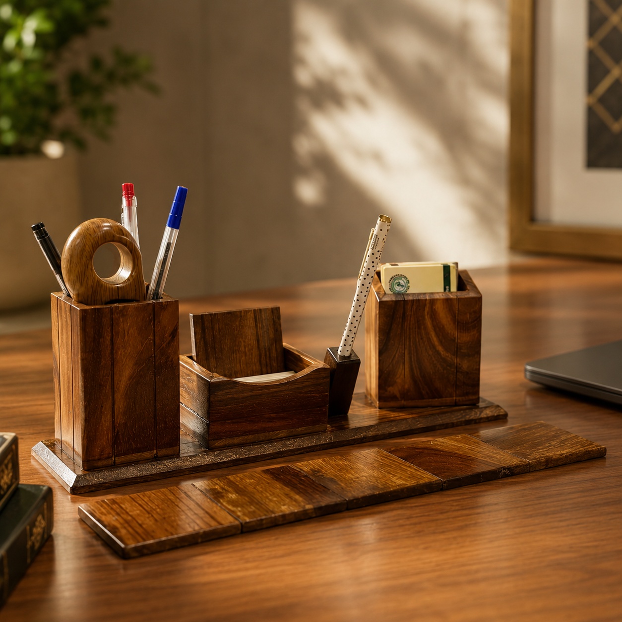 Handcrafted Wooden Desk Organizer Set with Coasters | Premium Office & Study Table Organizer