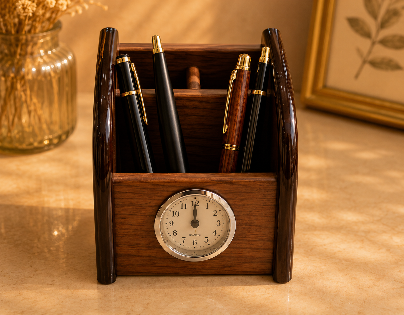 Luxury Wooden Desk Organizer with Analog Clock – Multi-Compartment Pen Holder for Office & Home