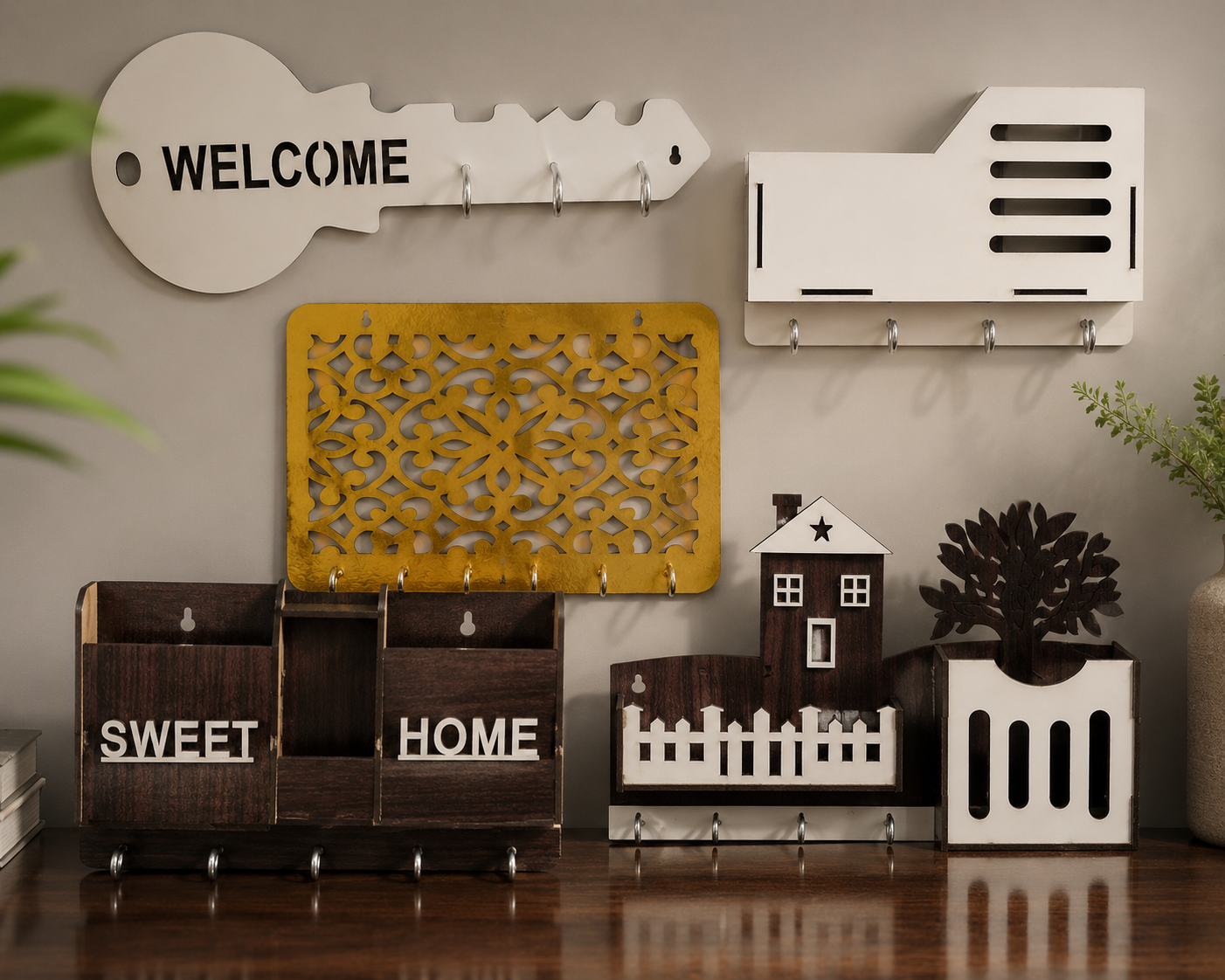 5-Piece MDF Wooden Wall Key Holder & Organizer Set | Decorative Key Rack, Mail Holder & Home Entryway Storage
