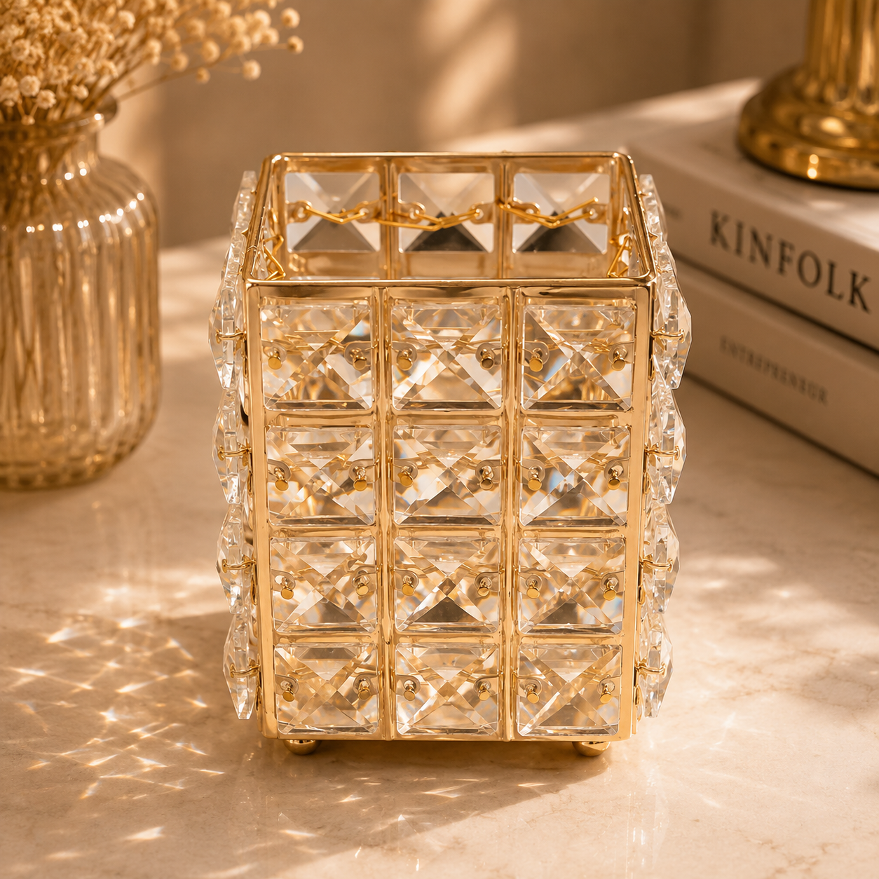 Luxury Crystal Pencil Holder – Gold Metal Desk Organizer for Office & Home