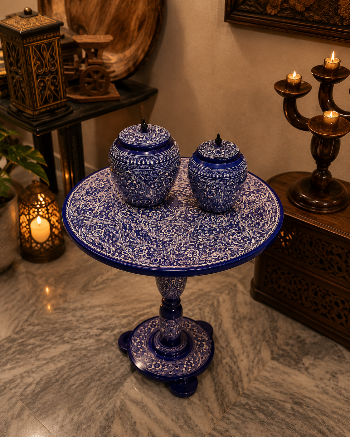 Hand-Painted Blue Naqashi Wooden Coffee Side Table with Decorative Jar Set | Premium Home Decor