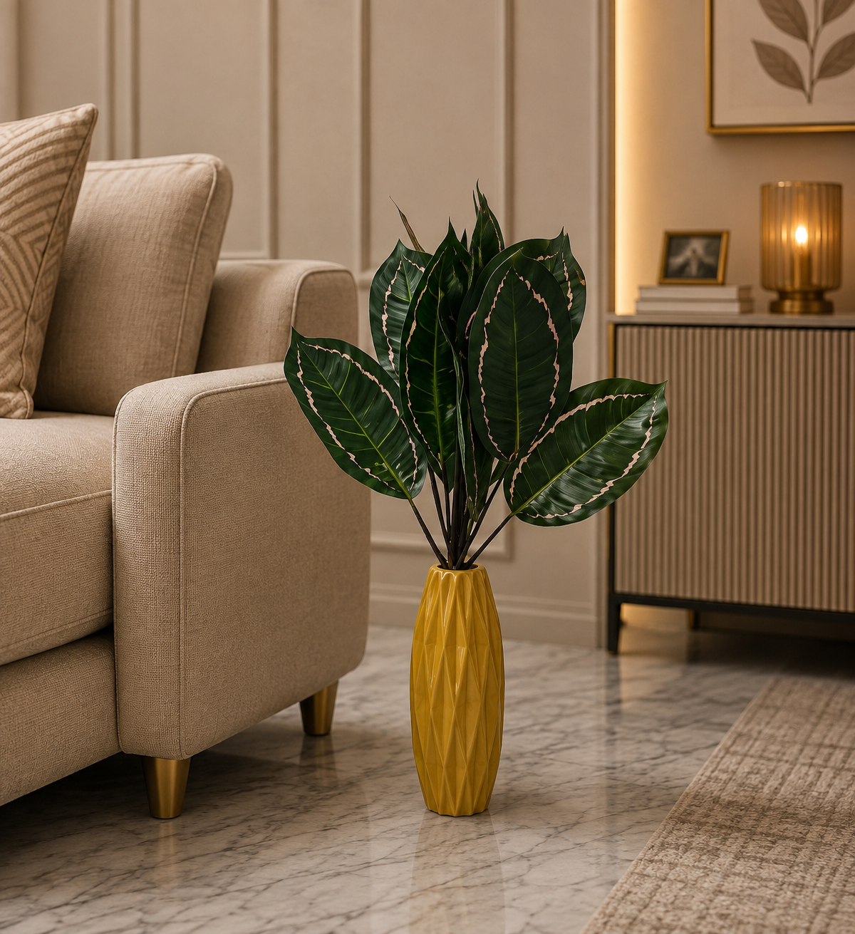 Artificial Calathea Plant with Yellow Ceramic Vase – Premium Faux Indoor Decorative Plant for Living Room, Office & Home Décor (Ch087)