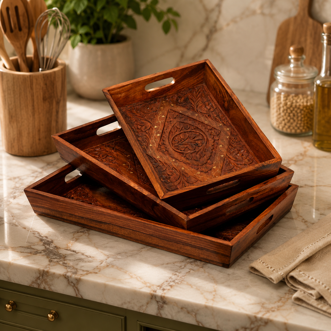 Handcrafted Wooden Serving Tray Set | Premium Decorative Tea & Breakfast Trays (Set of 3)