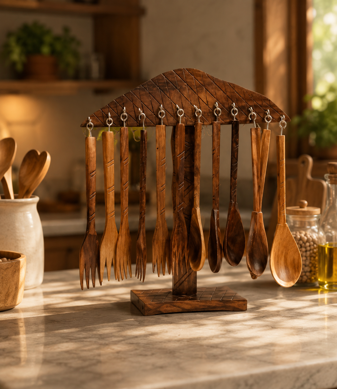 Handcrafted Wooden Kitchen Utensil Set with Stand | Premium Wooden Cooking & Serving Spoon Collection