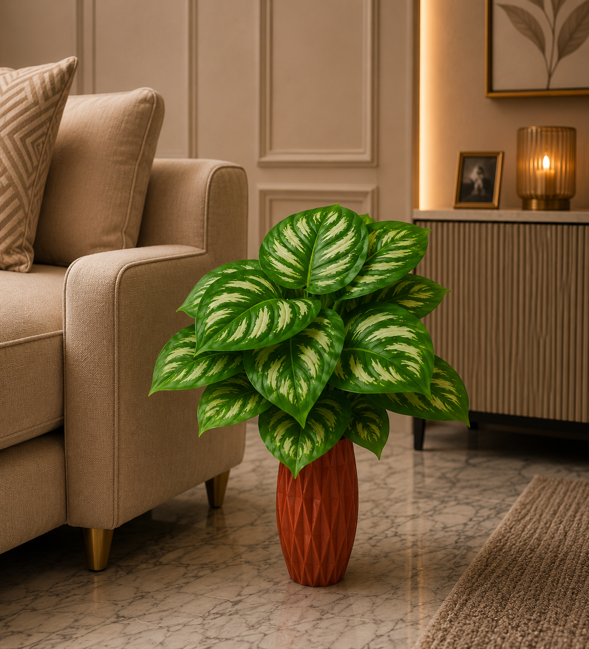 Artificial Dieffenbachia Plant with Orange Ceramic Vase – Realistic Faux Indoor Green Plant for Living Room, Office & Home Decoration (Ch089)