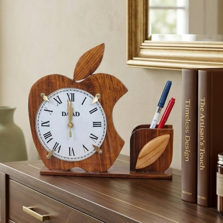 Luxury Wooden Apple Desk Clock with Pen Holder | Handcrafted Office & Home Desk Organizer