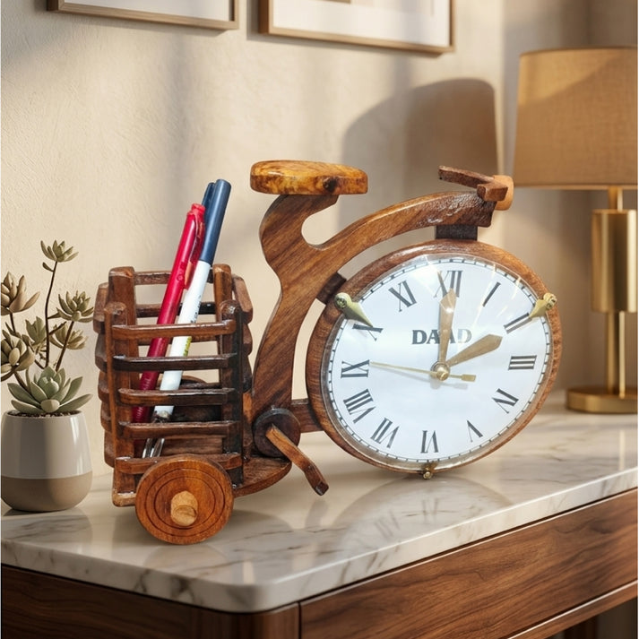 Luxury Wooden Bicycle Desk Clock with Pen Holder | Handcrafted Office Desk Organizer