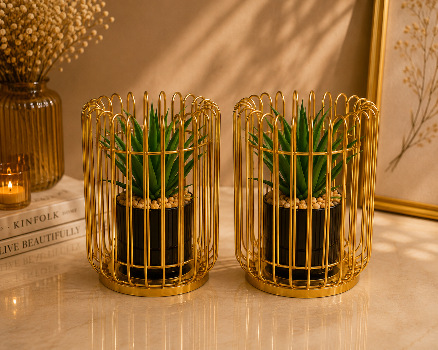 Luxury Gold Metal Plant Stand with Decorative Pot – Modern Tabletop Planter for Home & Office Decor