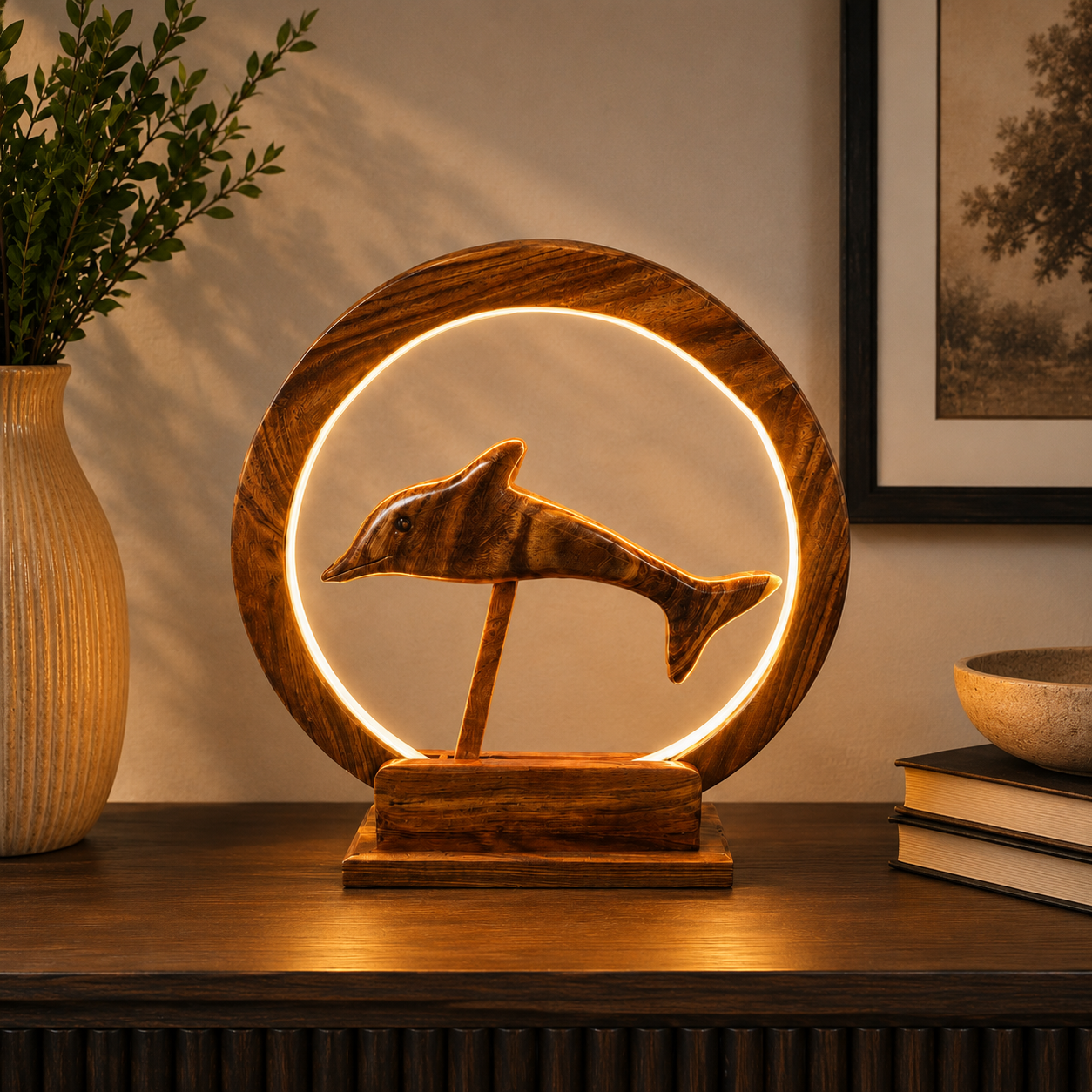 Handcrafted Sheesham Wood LED Lamp – Decorative Animal Night Light for Home & Office