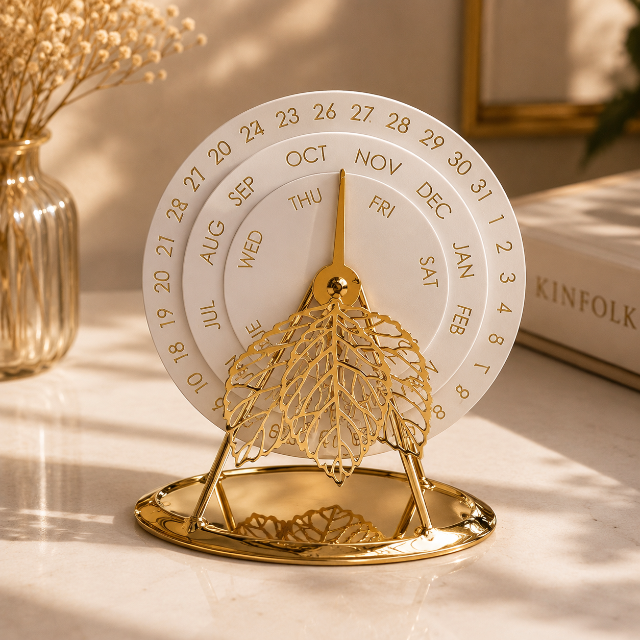Luxury Perpetual Rotary Desk Calendar – Modern White & Gold Metal Desktop Calendar with Leaf Stand