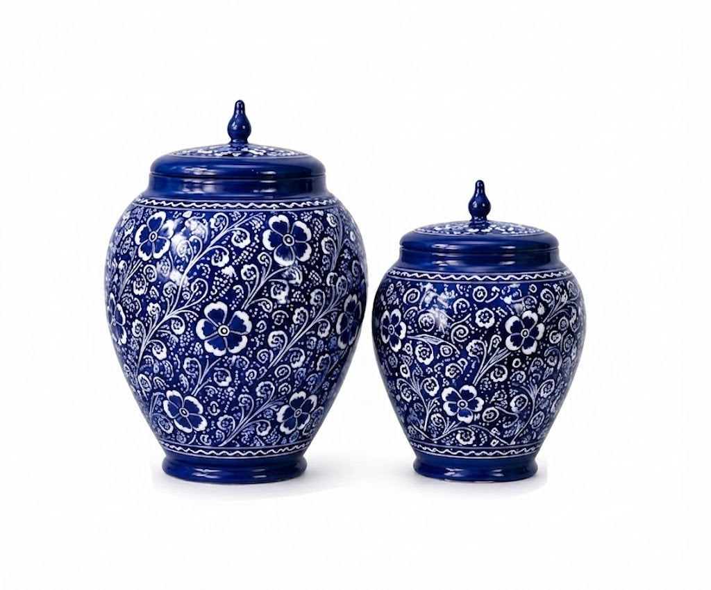 Hand-Painted Blue Naqashi Wooden Coffee Side Table with Decorative Jar Set | Premium Home Decor
