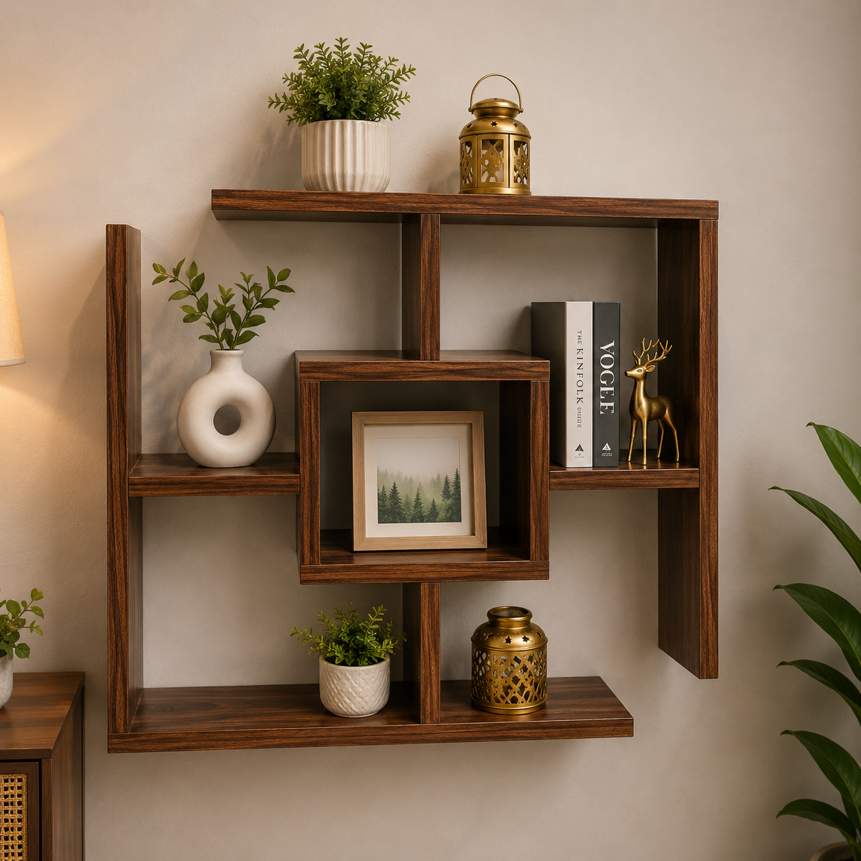 Modern Geometric Wooden Wall Shelf | Floating Display & Storage Shelf | Decorative Wall Mounted Organizer for Living Room, Bedroom & Office WS 0118