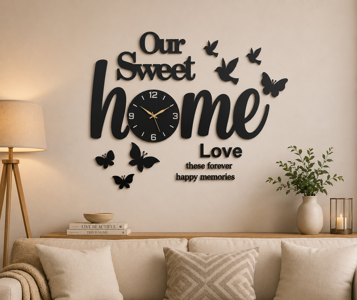 Our Sweet Home MDF Wall Clock with Birds & Butterflies – Modern 3D Wall Decor for Living Room
