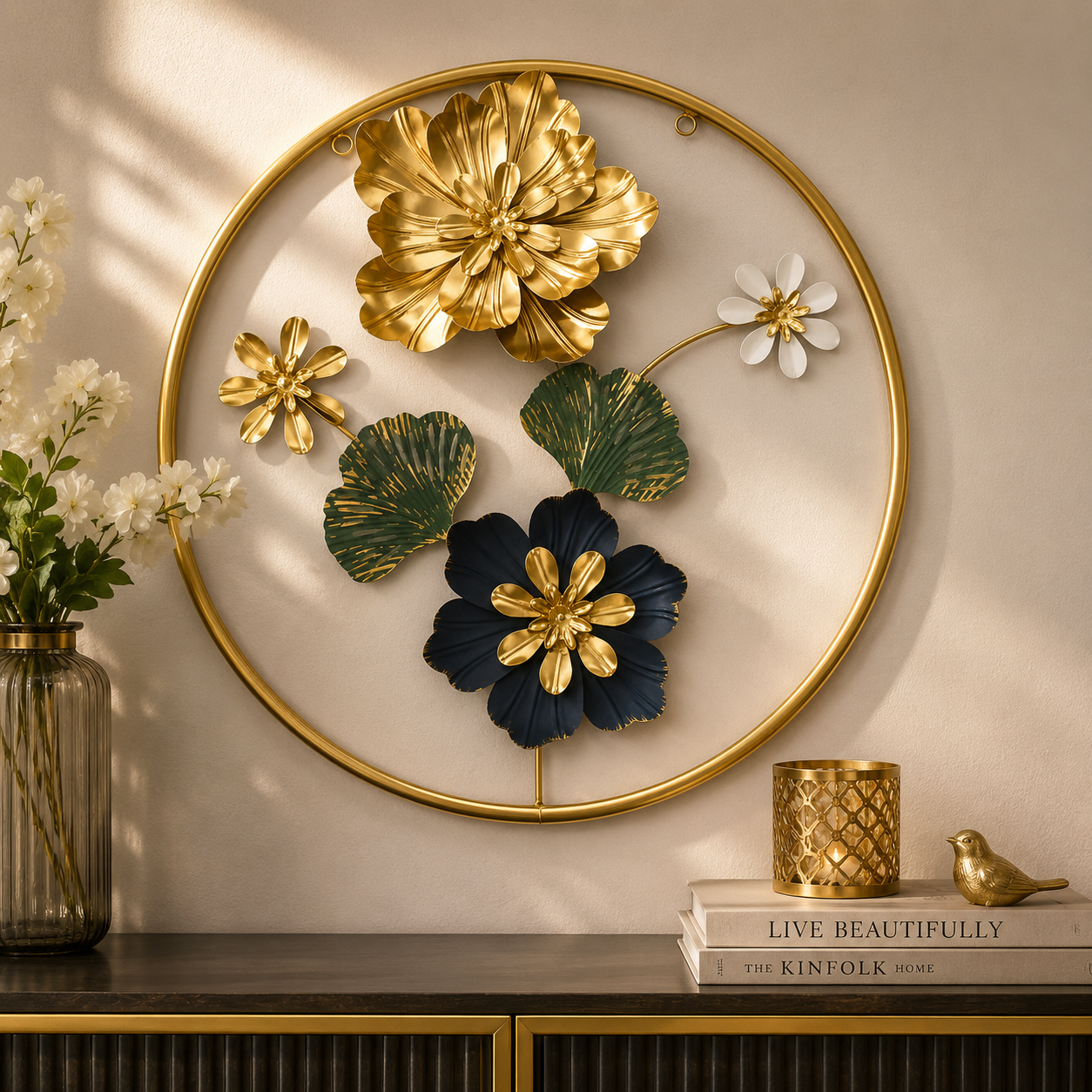 Luxury Metal Floral Wall Art Frame – Modern 3D Gold Flower Wall Décor