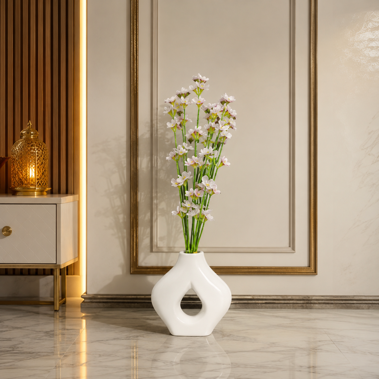 Luxury Artificial White Blossom Flower Arrangement with Modern White Ceramic Vase | Home & Office Decor CH 0053