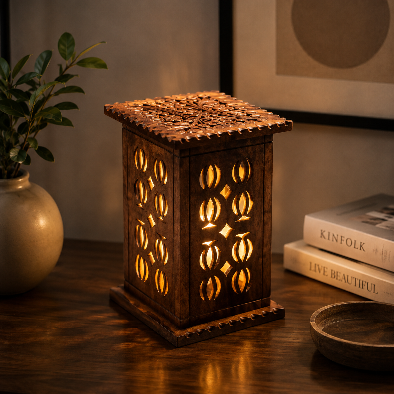 Handcrafted Wooden Carved Lantern Lamp