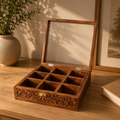 Handcrafted Wooden Spice Box with Glass Lid | 9-Compartment Masala Storage Box with Wooden Spoon