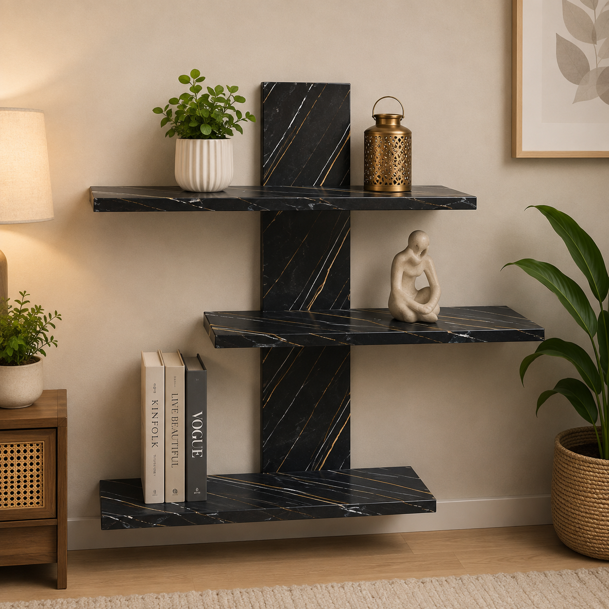 Modern Black Marble Wall Mounted Wooden Shelf | 3-Tier Floating Display Shelf | Decorative Wall Organizer for Living Room, Bedroom & Office WS 0110