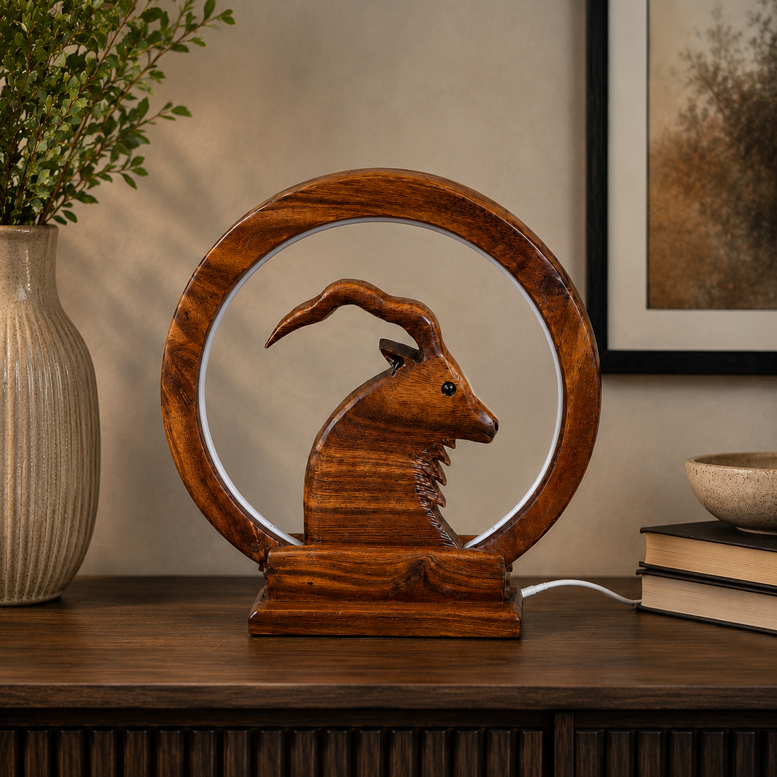 Handcrafted Sheesham Wood LED Lamp – Decorative Animal Night Light for Home & Office