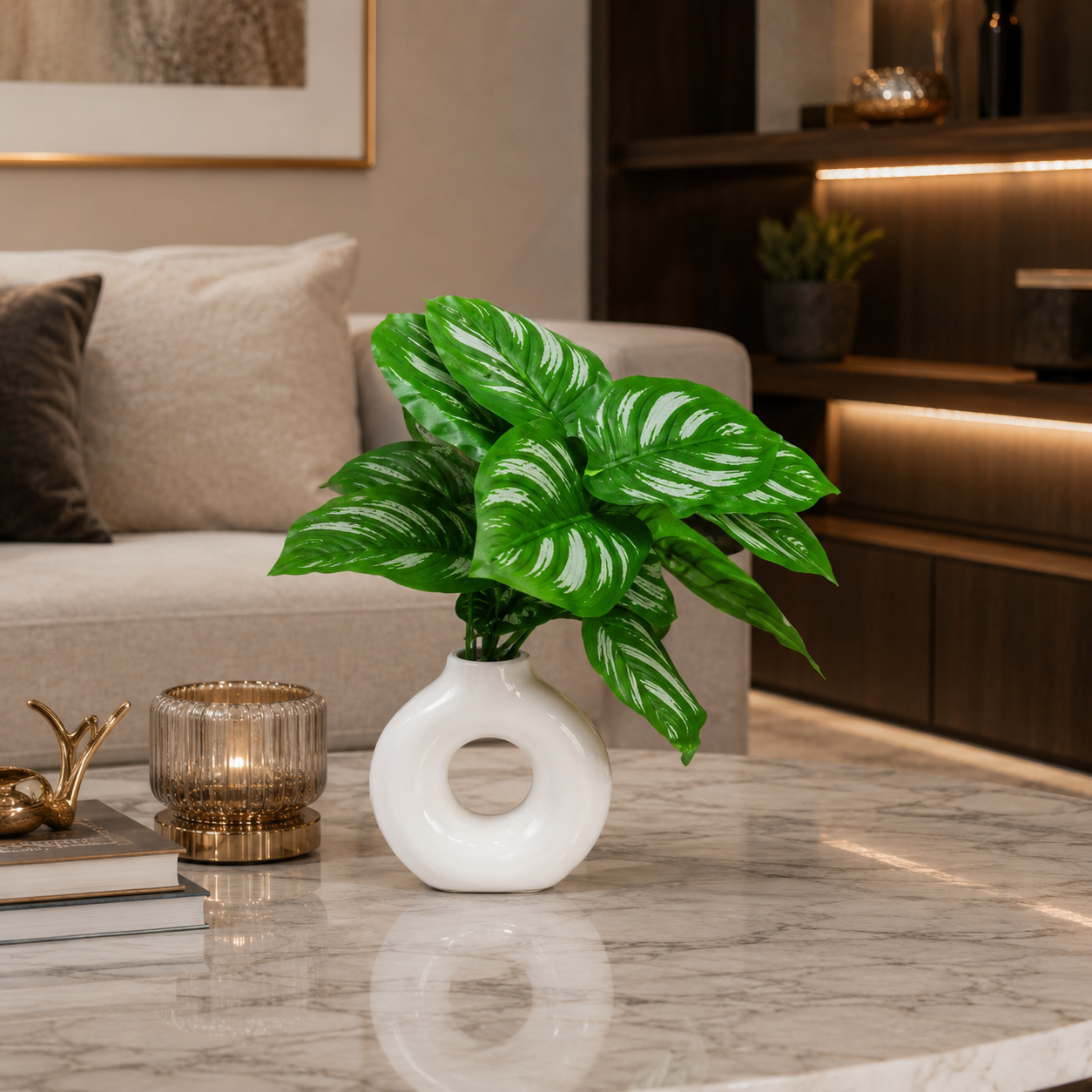 Luxury Artificial Green Leaf Plant with Modern White Ceramic Vase | Indoor Home & Office Table Decor CH 0055