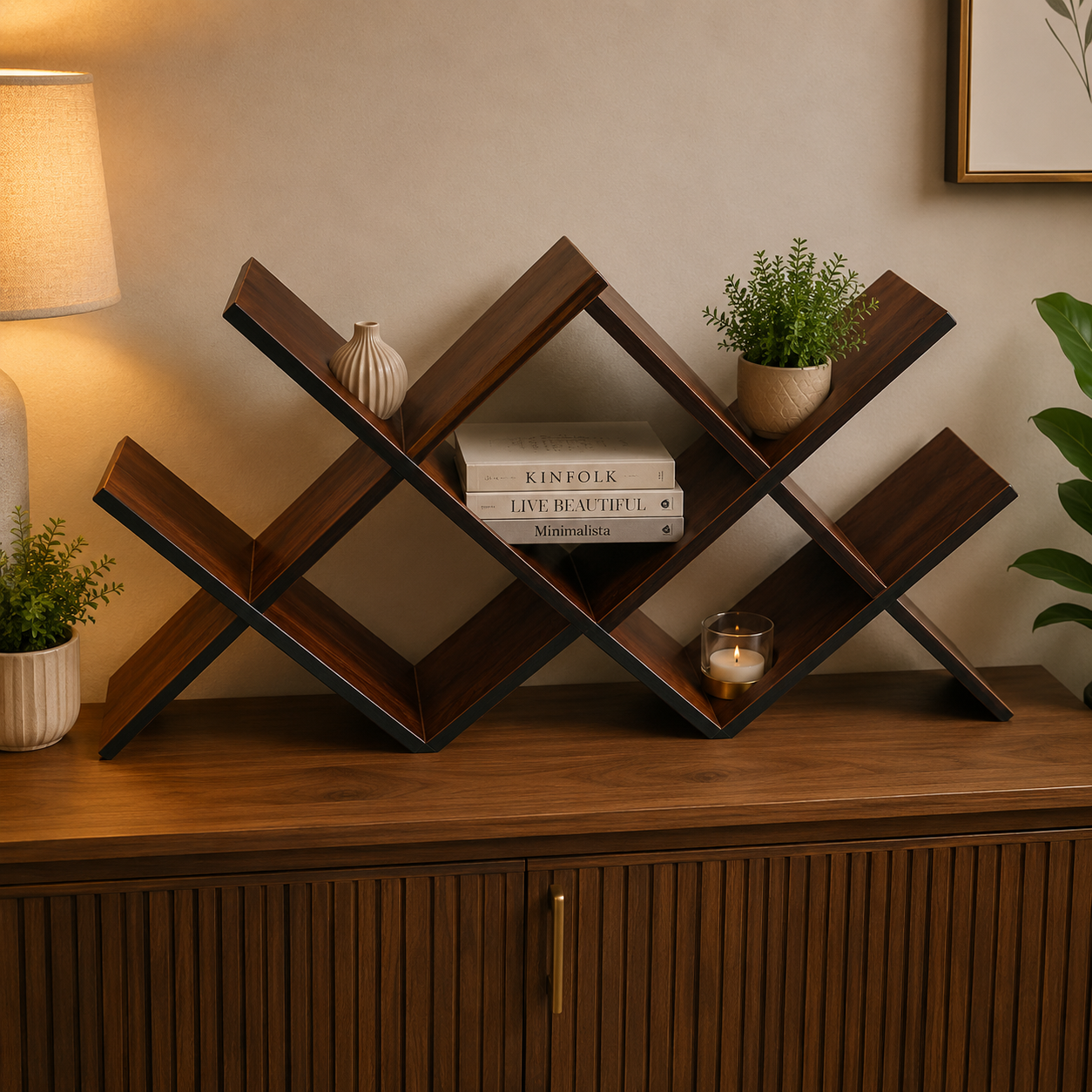 Modern Zigzag Wooden Display Shelf | Geometric Decorative Book Rack | Freestanding Storage Organizer for Living Room, Office & Bedroom WS 0108