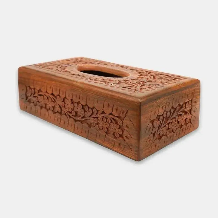 Handcrafted Wooden Tissue Box Cover – Carved Floral Tissue Holder for Home & Office
