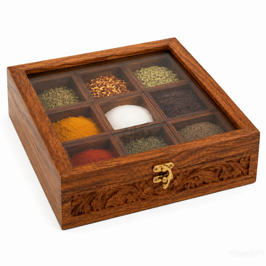 Handcrafted Wooden Spice Box with Glass Lid | 9-Compartment Masala Storage Box with Wooden Spoon