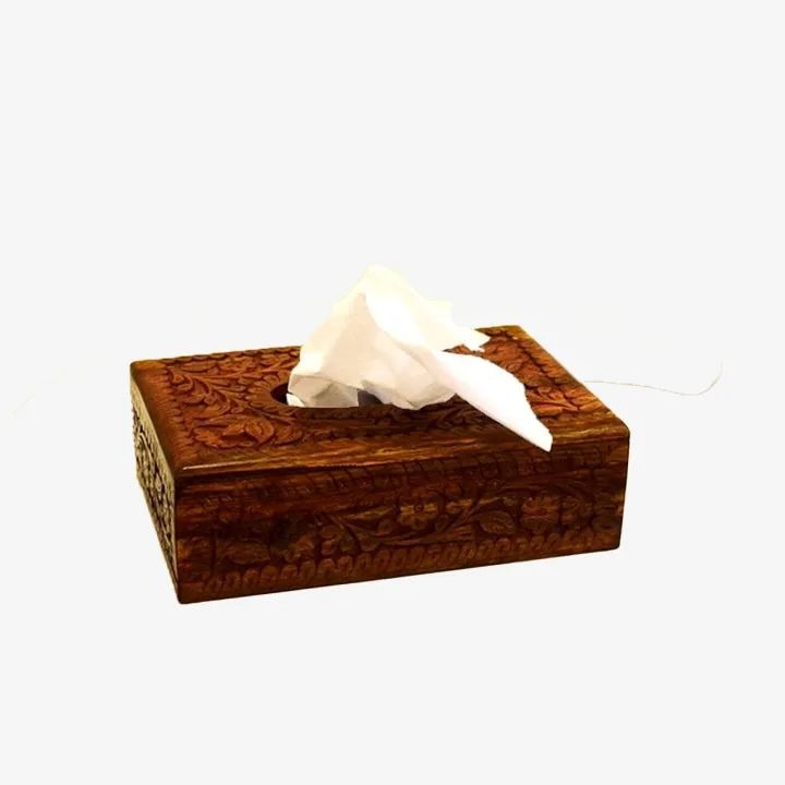 Handcrafted Wooden Tissue Box Cover – Carved Floral Tissue Holder for Home & Office