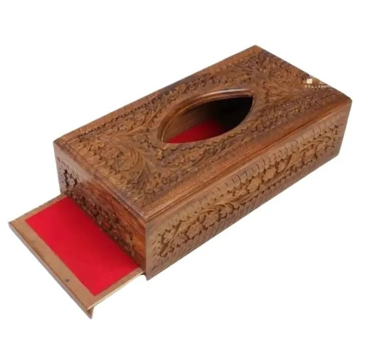 Handcrafted Wooden Tissue Box Cover – Carved Floral Tissue Holder for Home & Office